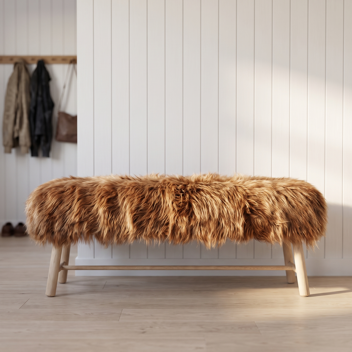Banc Theo | Peau de mouton tibétaine | Pieds en chêne Blanc Cassé