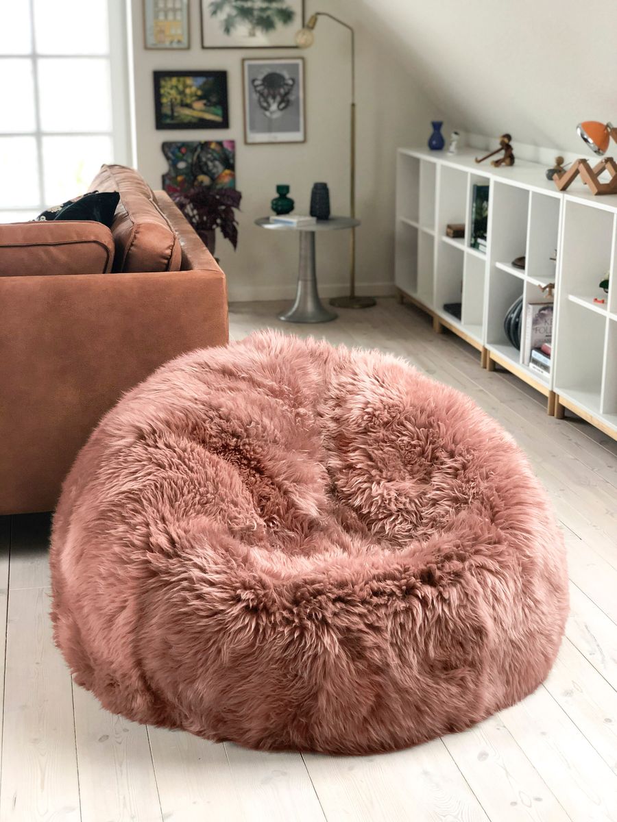 Pouf rond en peau de mouton | Laine longue | Taille L Rose