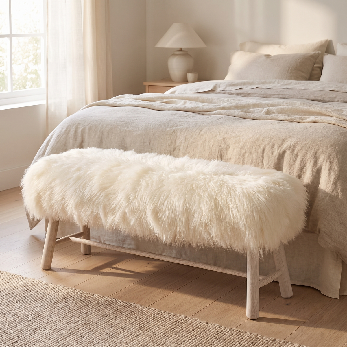 Banc Theo | Peau de mouton tibétaine | Pieds en chêne Blanc Cassé