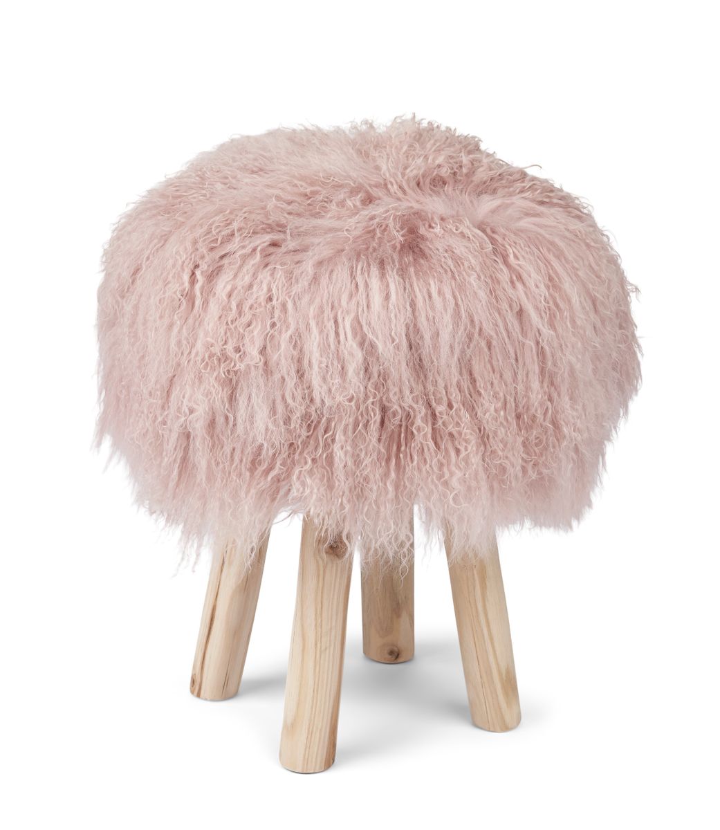 Tabouret Theo + housse | Pieds en chêne | Peau de mouton de Mongolie Rose