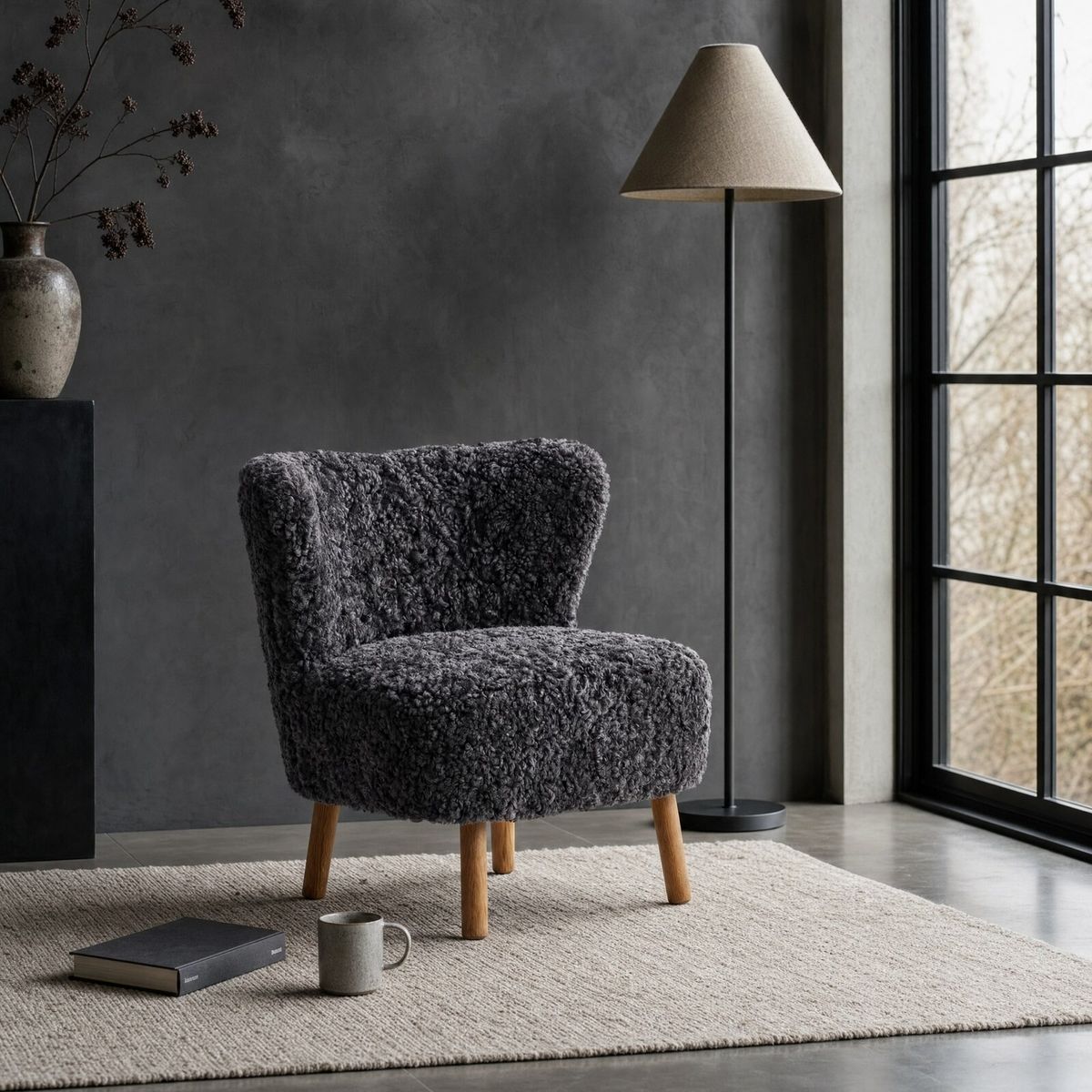 Fauteuil lounge Emil | Laine courte Anthracite