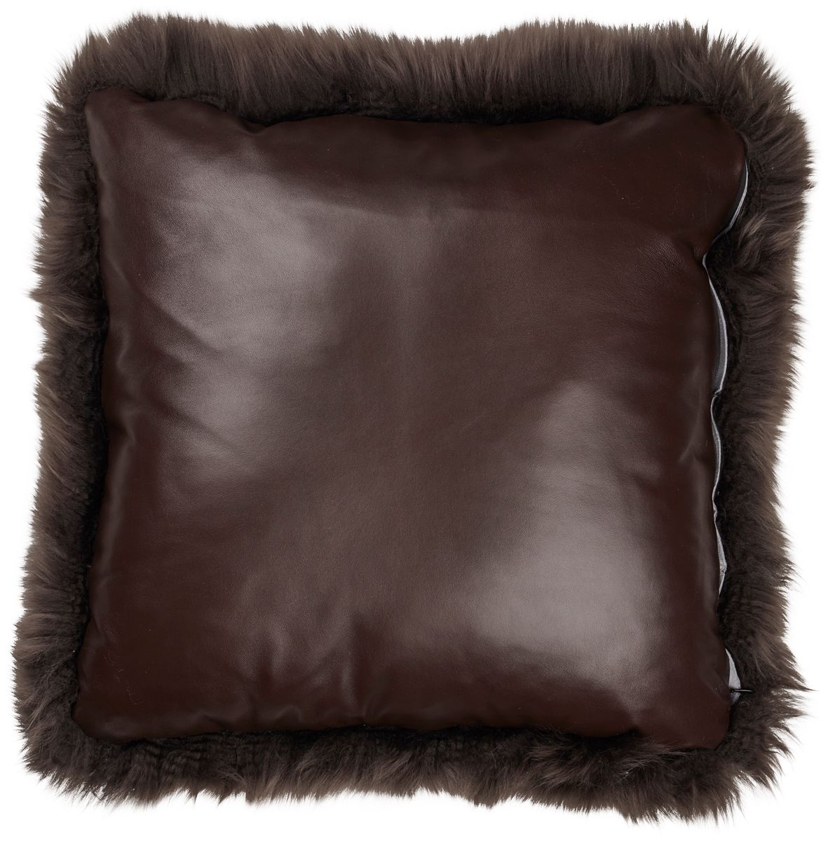 Coussin en laine de mouton longue | Laine longue | Support en cuir | 50x50 cm Noyer