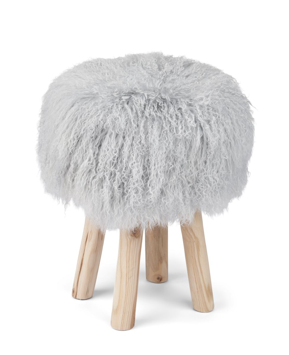 Tabouret Theo + housse | Pieds en chêne | Peau de mouton de Mongolie Gris Léger