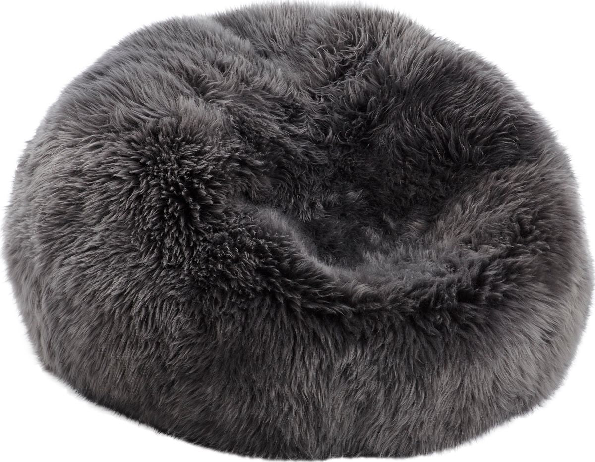 Pouf rond en peau de mouton | Laine longue | Taille M ou L Acier