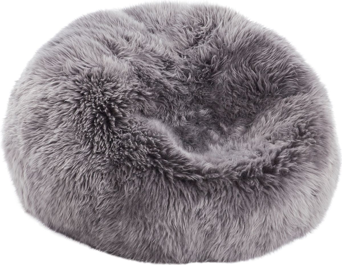 Pouf rond en peau de mouton | Laine longue | Taille M ou L Gris Léger