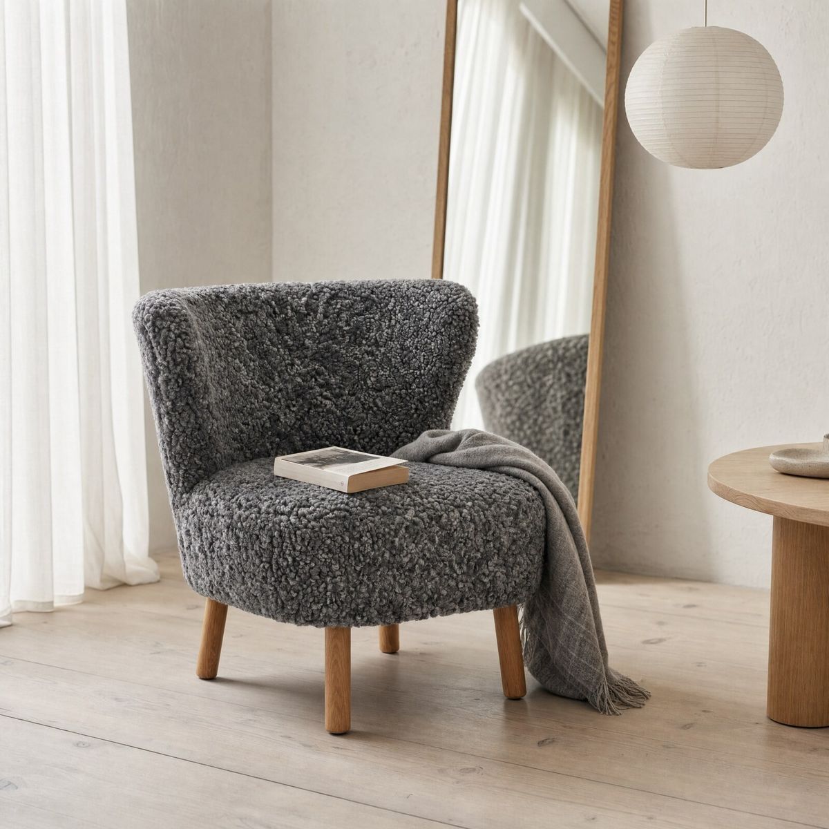 Fauteuil lounge Emil | Laine courte Anthracite