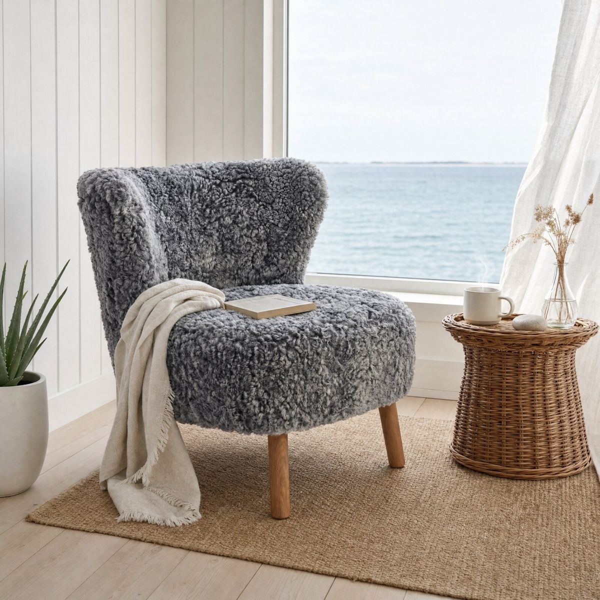 Fauteuil lounge Emil | Laine courte Anthracite