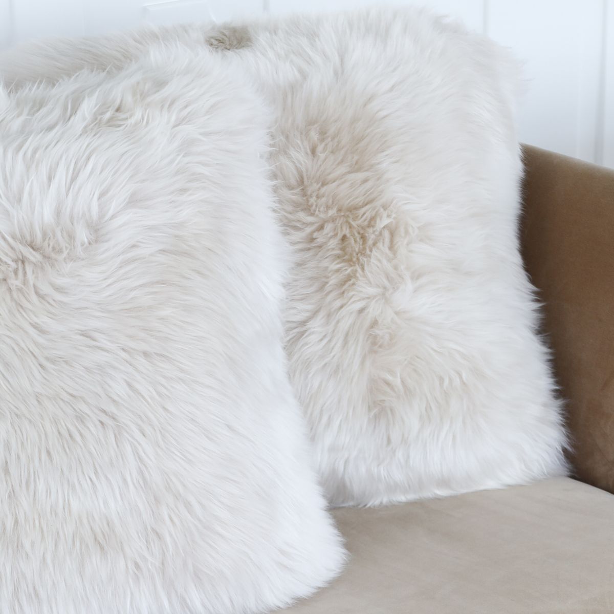 Coussin en laine de mouton longue | Laine longue | Support en cuir | 50x50 cm Ivoire