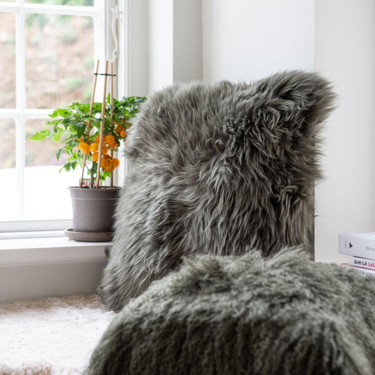 Coussin en peau de mouton longue laine | 35x35 cm Aubergine