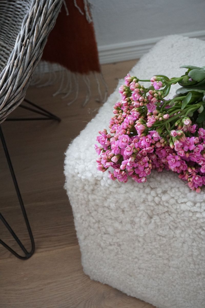 Short Wool Curly Sheepskin Pouf Ivory