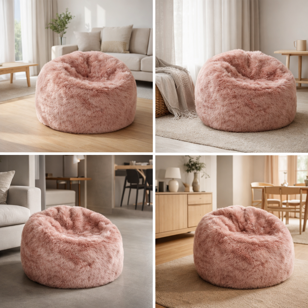 Pouf rond en peau de mouton | Laine longue | Taille L