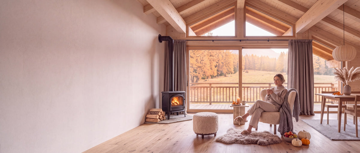 Fauteuil avec peau de mouton près du poêle à bois, vue sur la forêt d’automne