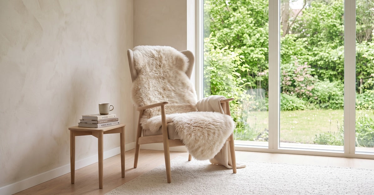 Fauteuil avec une peau de mouton près d’une fenêtre donnant sur le jardin